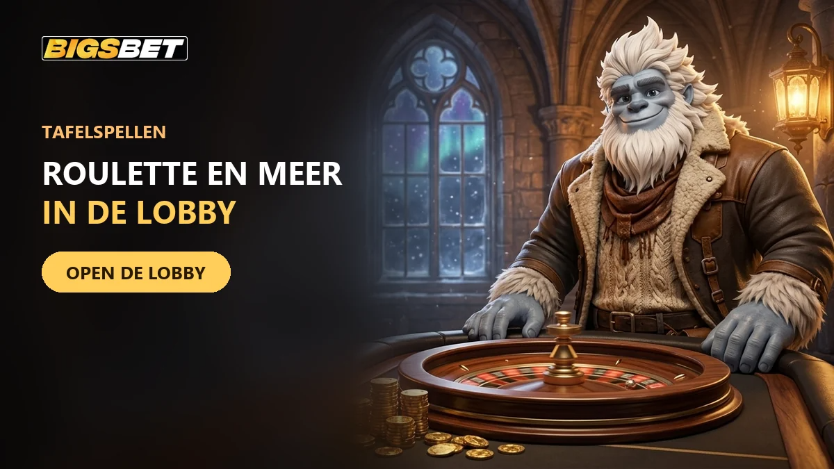 03 biggy de yeti aan een roulettetafel met een stapel gouden fiches bij bigsbet
